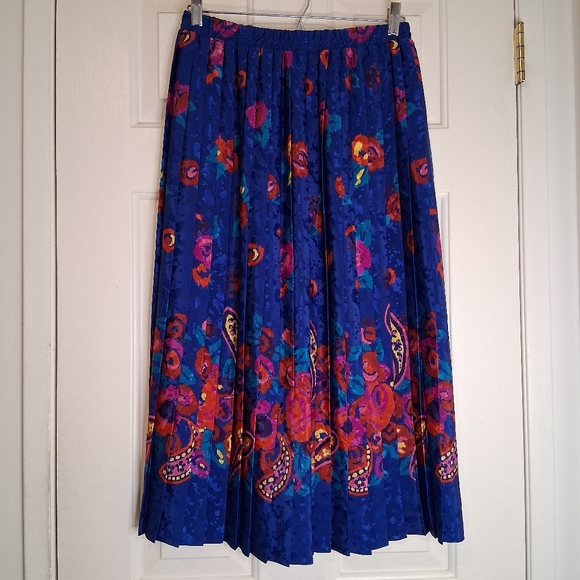 Vintage 80s/90s Paisley Floral Pleated Midi Skirt Royal Blue M - Picture 9 of 9